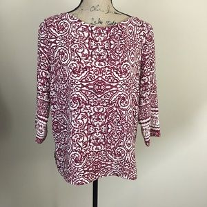 Skies Are Blue Top Womens M 3/4 Sleeve Burgundy Pattern Office